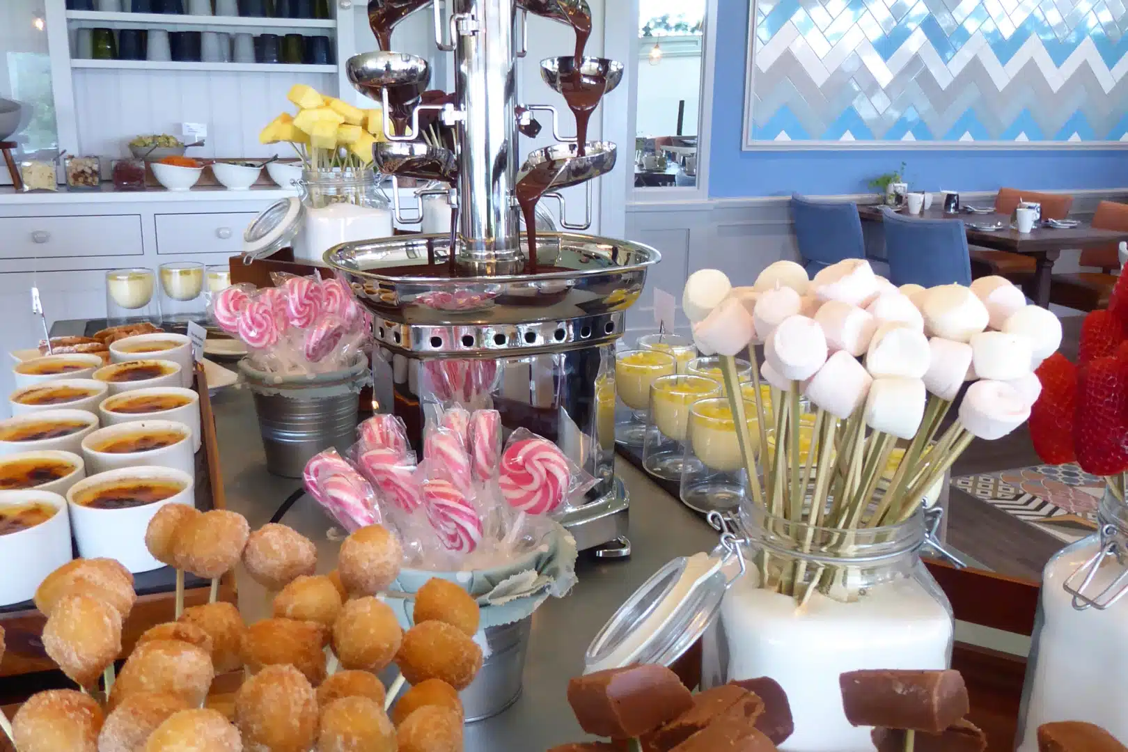 Sunday brunch chocolate fountains and sweet treat buffet