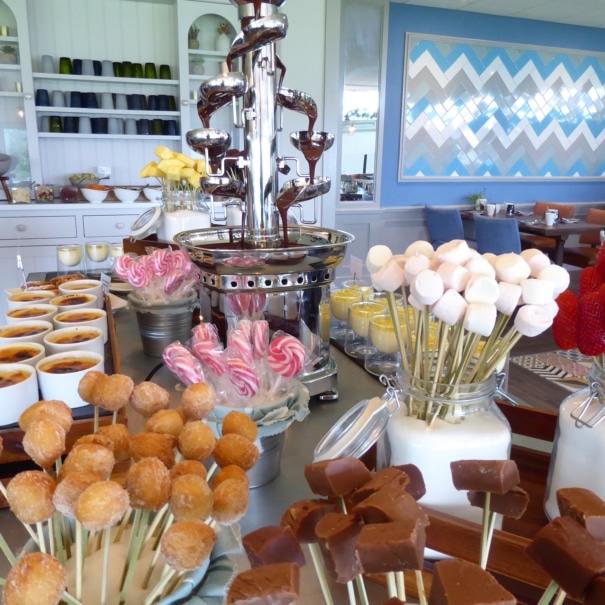 Sunday brunch chocolate fountains and sweet treat buffet